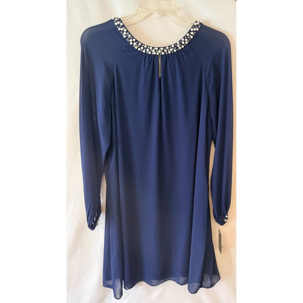 SLNY Navy Chiffon Shift Dress Beaded Neck Long Sleeve Lined Women 16 New W/ Tags